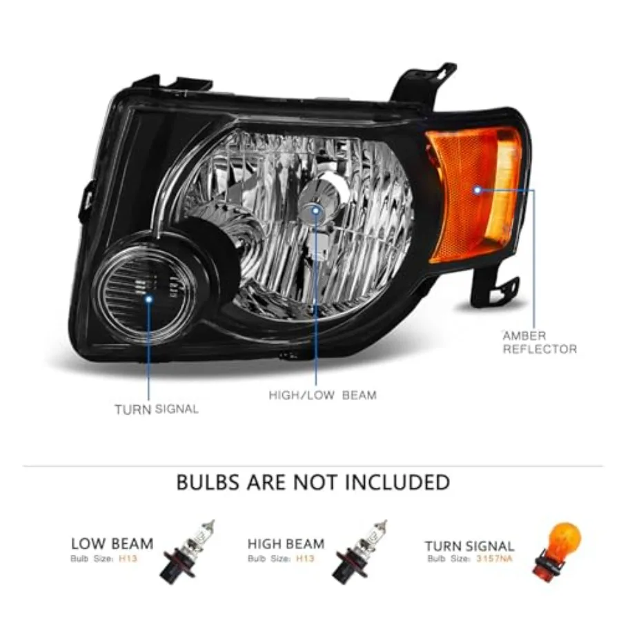 مجموعة المصابيح الأمامية للمصابيح الأمامية لـ 20082012 Escape Driver وجانب الركاب مع غطاء أسود وعلامات جانبية كهرمانية معززة #3