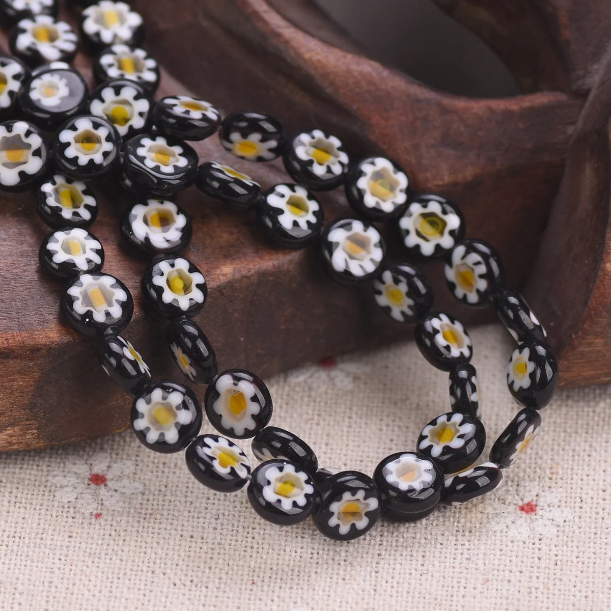 

45pcs(1 Strand) Flat Round 8mm Black Handmade Millefiori Glass Loose Beads Lot For Jewelry Making DIY Crafts Findings