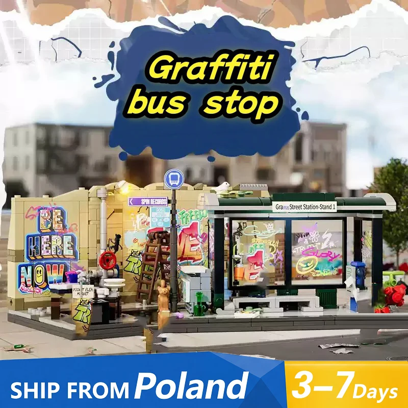 Klemmbausteine Graffiti-Bushaltestelle LED Modulare Gebäude-Bausteine Stadtansicht-Apartment Laden-Architektur Ziegelstein-Modellbausatz Spielzeug für Erwachsene und Kinder Geschenk 514 Teile