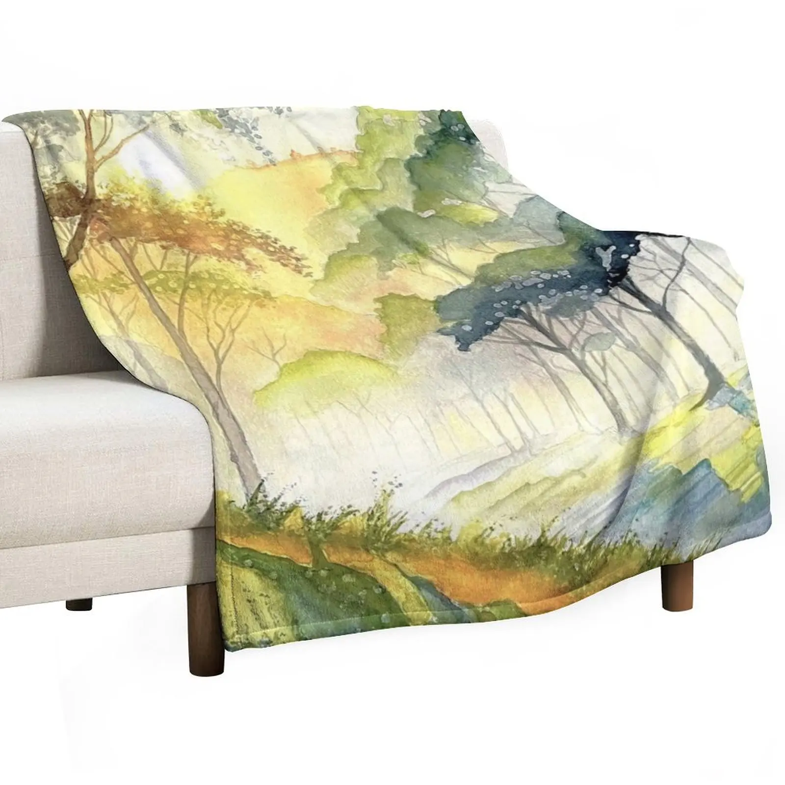 Original watercolour of a misty mountain sunrise. Throw Blanket Thermals For Travel sofa bed For Sofa Thin Cute Plaid Blankets