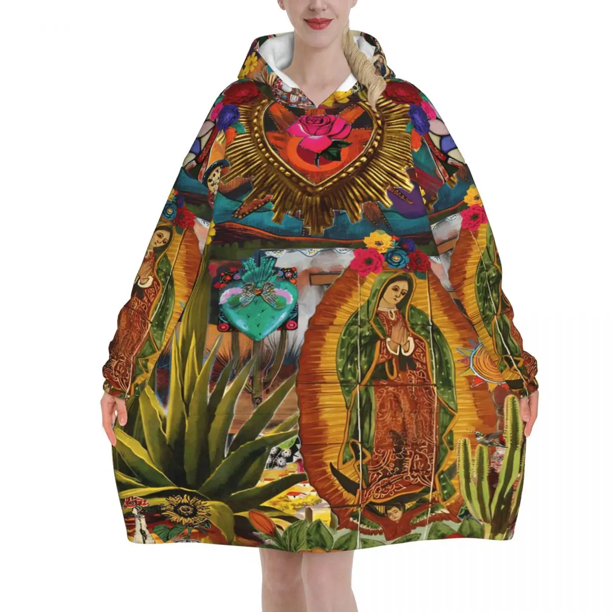 Virgin Our Lady Of Guadalupe Mexican Wearable Blanket Hoodie Warm Cozy Large Blanket Sweatshirt Thick Fleece Hooded Blanket - view 3