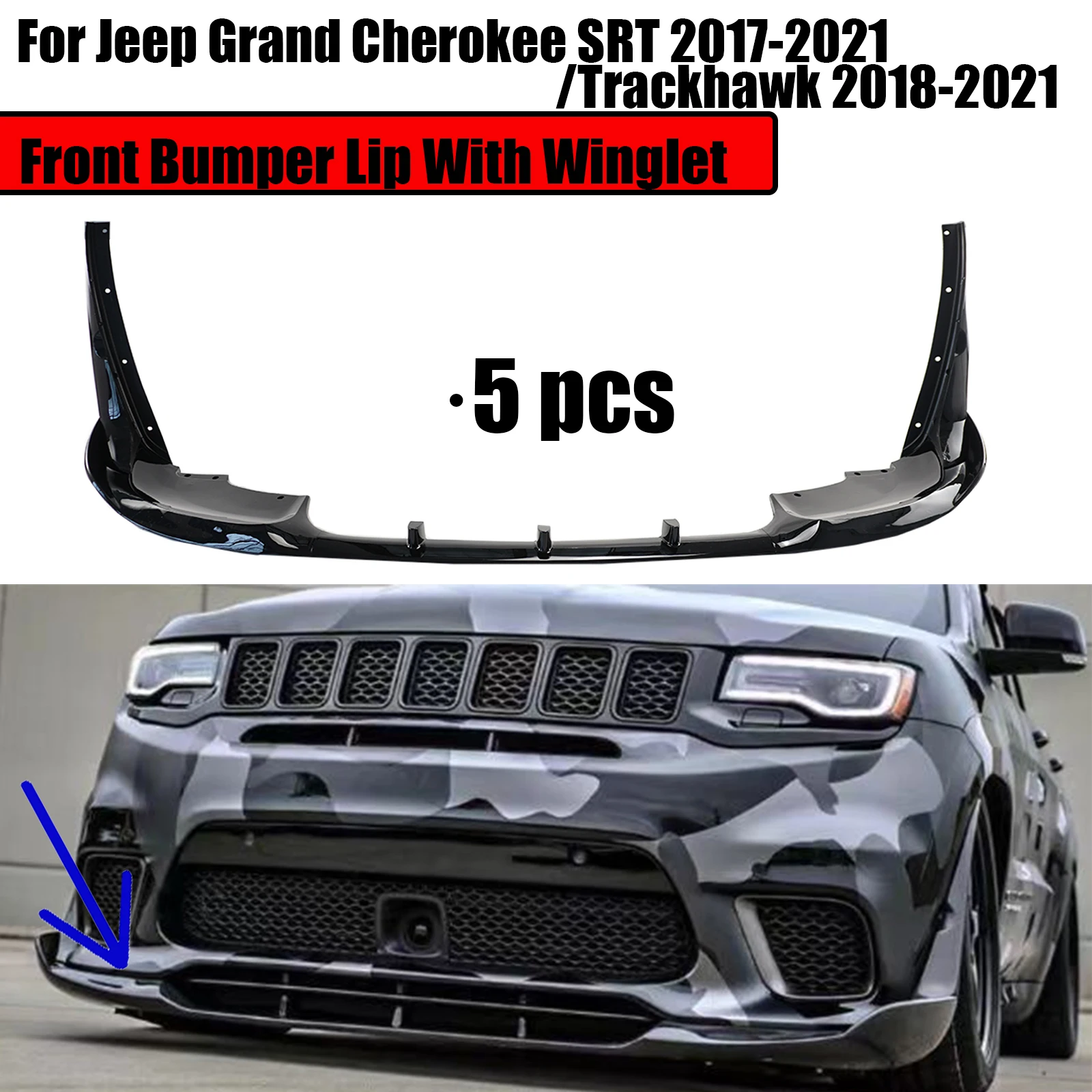 Front Bumper Lip With Winglet For Jeep Grand Cherokee SRT 2017-2021/Trackhawk 2018-2021 5PCS Carbon Fiber Style Glossy Black