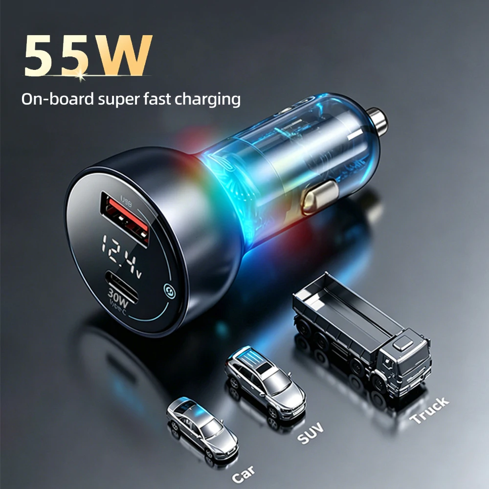 2 Port Cyberpunk Design Car Charger Real-time Voltage Monitor USB-A + Type-C For iPhone 15/16 Samsung Cigarette Lighter Charger