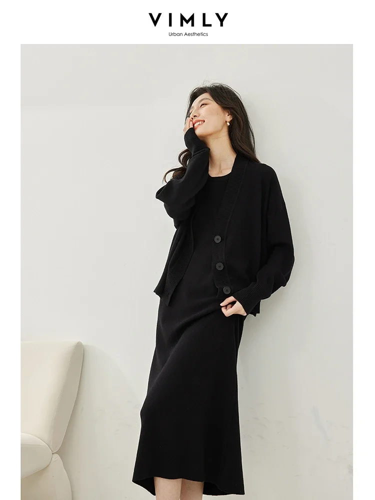 Vimly Black Cardigan Knitted 2 Piece Women Sets 2023 Autumn Casual Long Sleeve Tops O-neck Sleeveless Midi Women\'s Dresses 10750