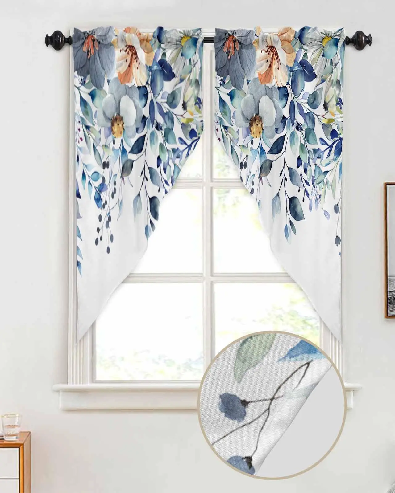 Kitchen Window Curtains Modern Countryside Style Eucalyptus Leaf Flowers Blue Swag Valance Decorative Window Valves