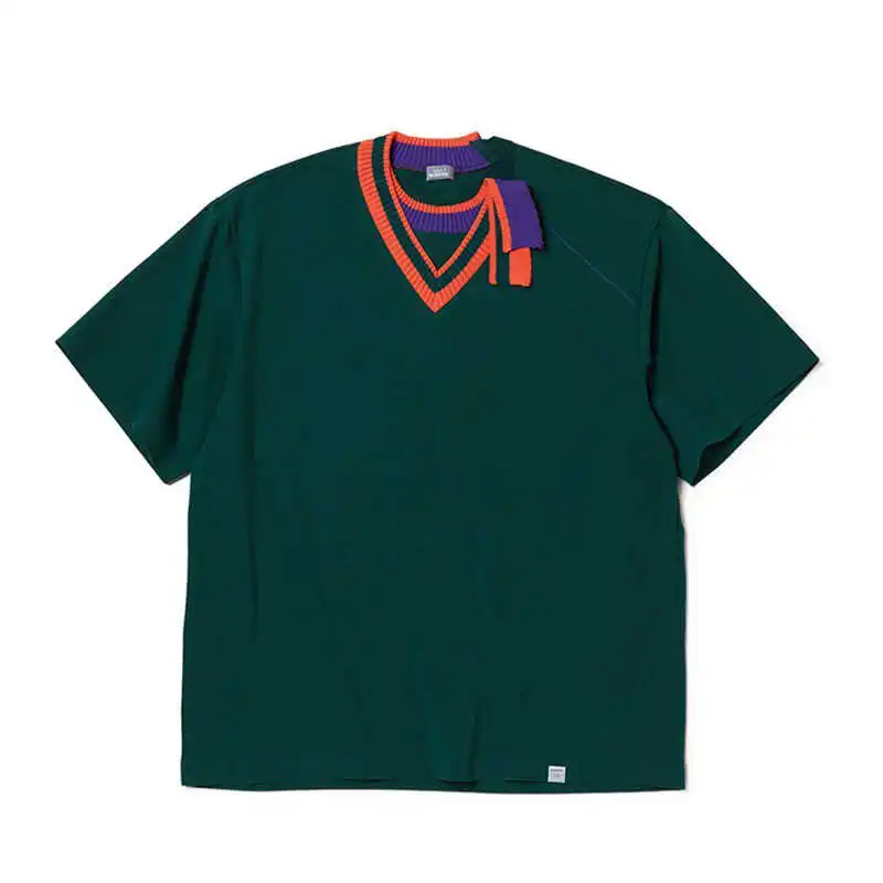 Kolor Round Neck Spliced V-Neck Asymmetrical Collar Loose Short Sleeve T-Shirt Men's Tees
