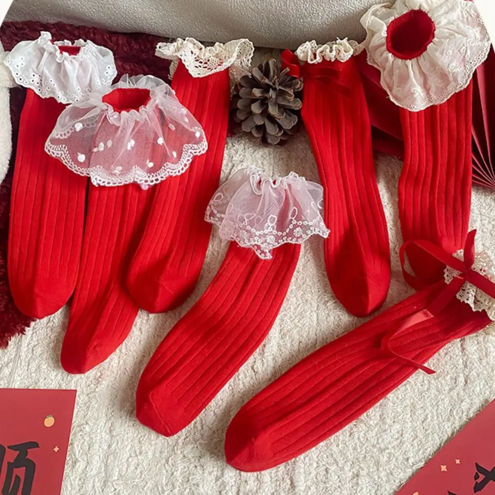

Warm Female Hosiery New Year Red Socks Bow Cotton Children Red Socks Lace Middle Tube Socks Home Hosiery