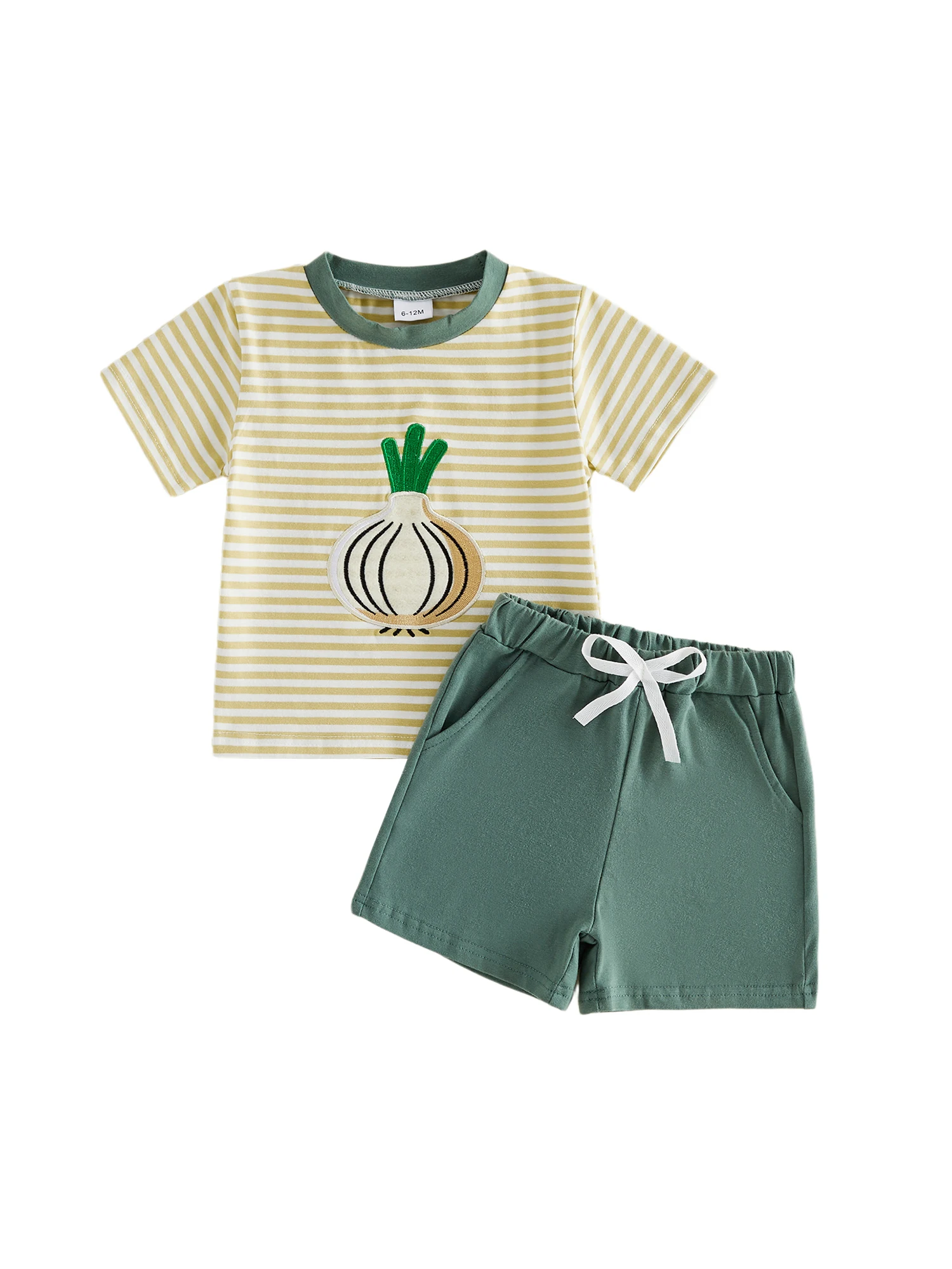 

Летний комплект одежды для мальчиков: полосатый топ с короткими рукавами и круглым вырезом с принтом лука и однотонные шорты для стильного образа