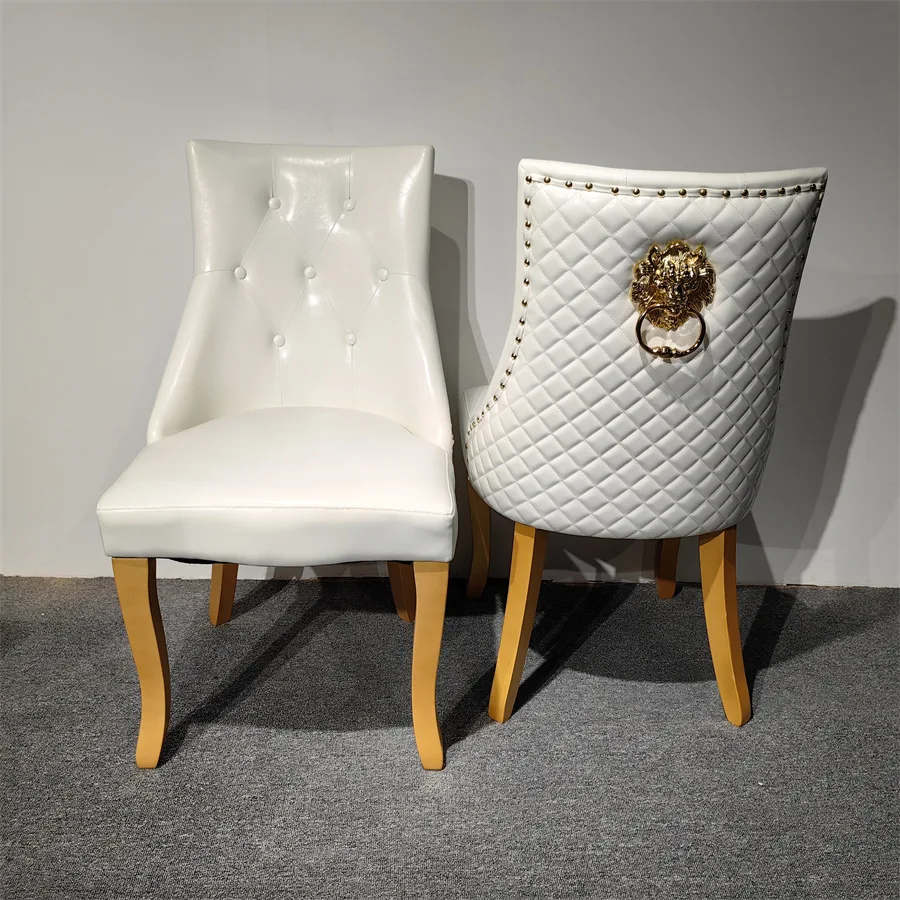 

Customizable European Back with Lion Head Rhombus Atmosphere New Design Comfortable Solid Wood Quad Leather White Dining Chair