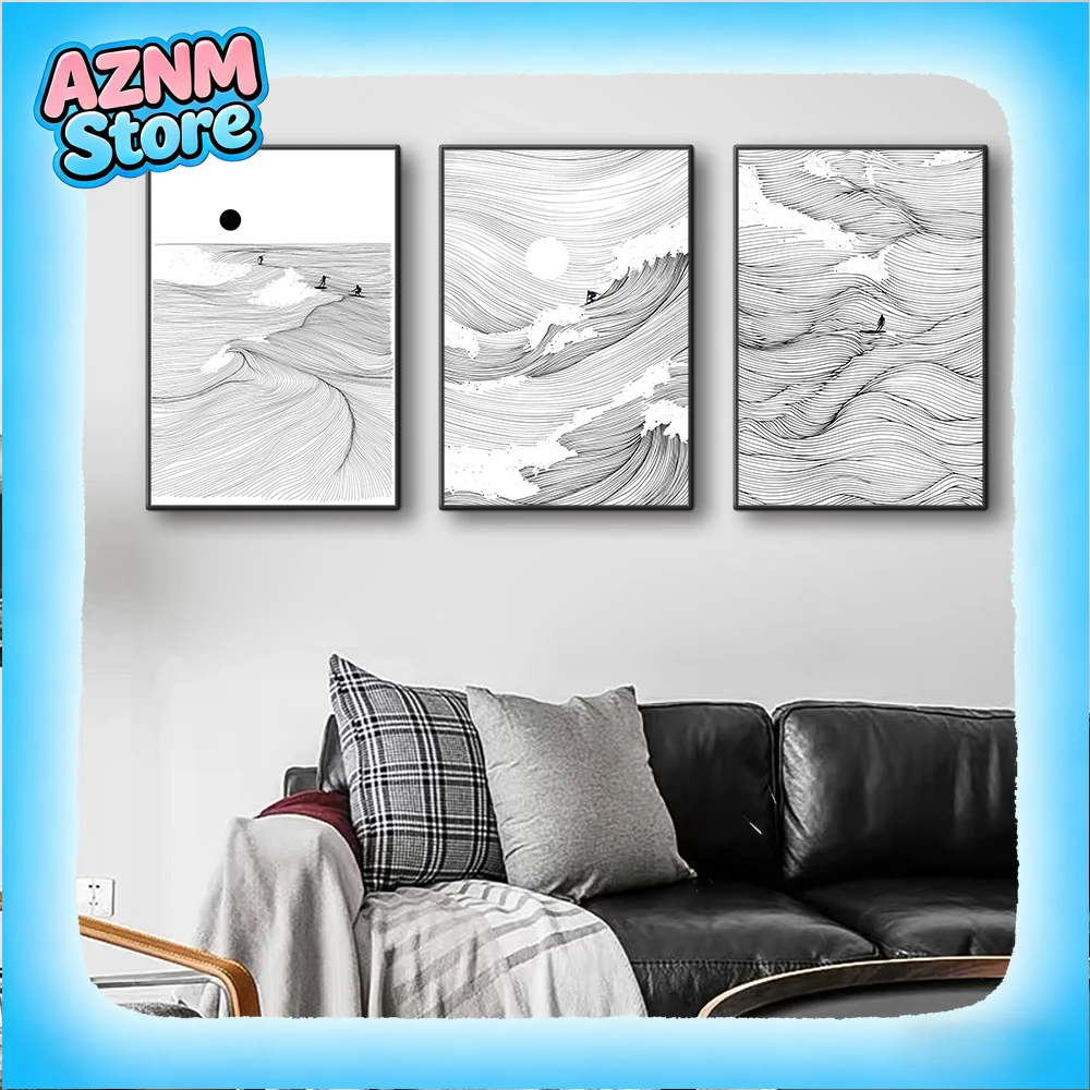 (1 Stück rahmenlos) Wellen-Linienkunst-Bilder, Surfing-Pinguin, Manta-Delfin, Wal-Drucke, Leinwandgemälde für Zuhause, Wohnzimmer, Dekoration