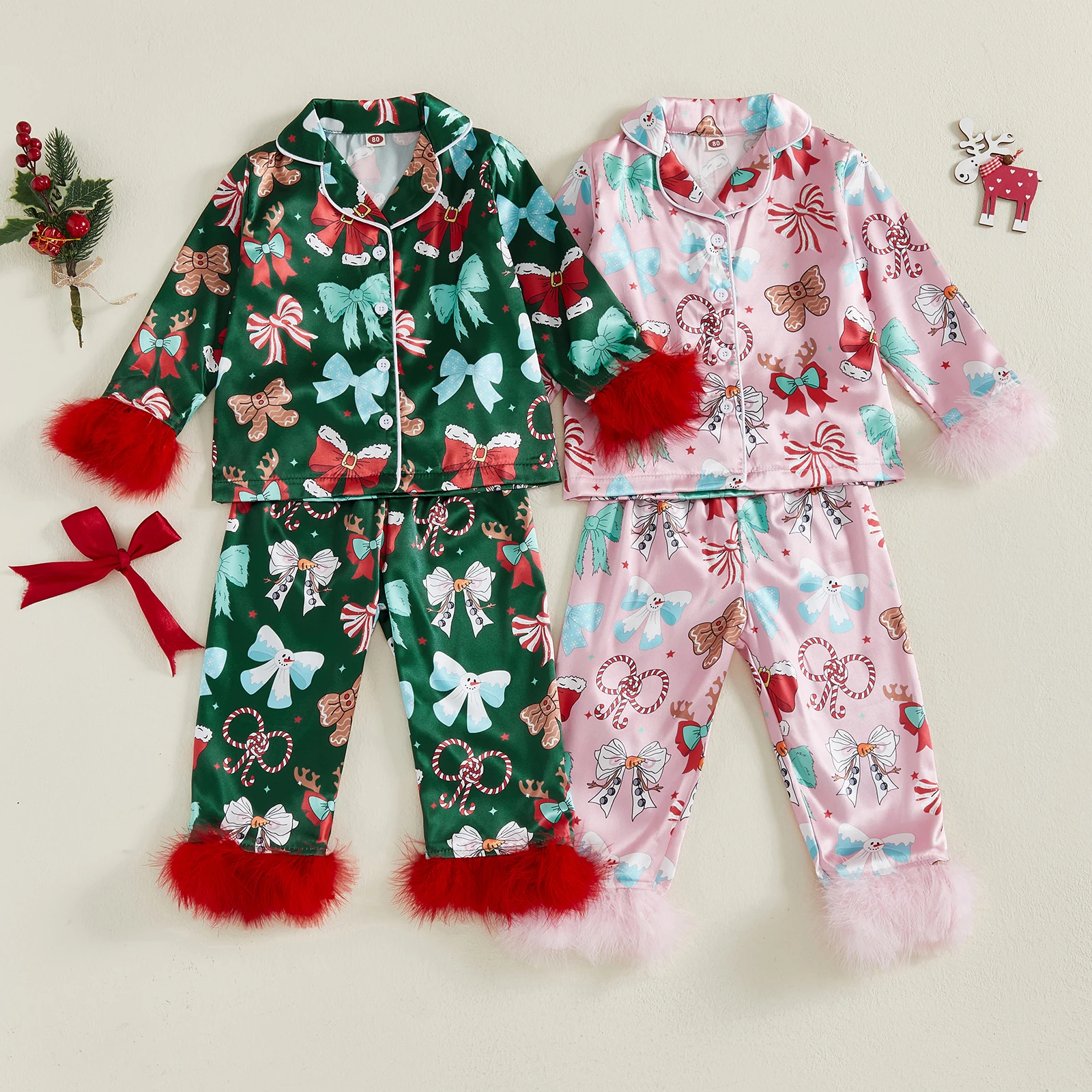 

Kids Girls Satin Christmas Pajamas Long Sleeve Bow Print Button Shirt + Pants Two Pieces Set Toddler Loungewear