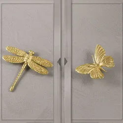 Retro Butterfly/Dragonfly Brass Handle Vintage Single Hole Cabinet Door Knobs Gold Furniture Hardware Wardrobe Drawer Pulls