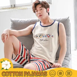 Summer Men Pyjamas 100%Cotton Striped Pajamas Set Casual Sleeveless Sleepwear Pyjamas Night Suits Pijamas Plus Size 4XL Home PJ