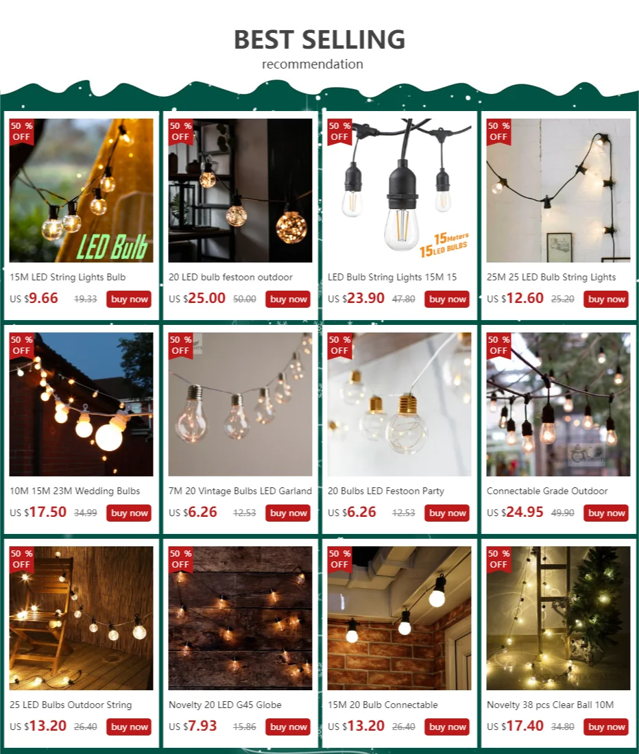 15M 20 Bulb Connectable Vintage Festoon Ball String Lights 75LED Christmas Fairy Lights for Outdoor Patio Party Garland Lighting