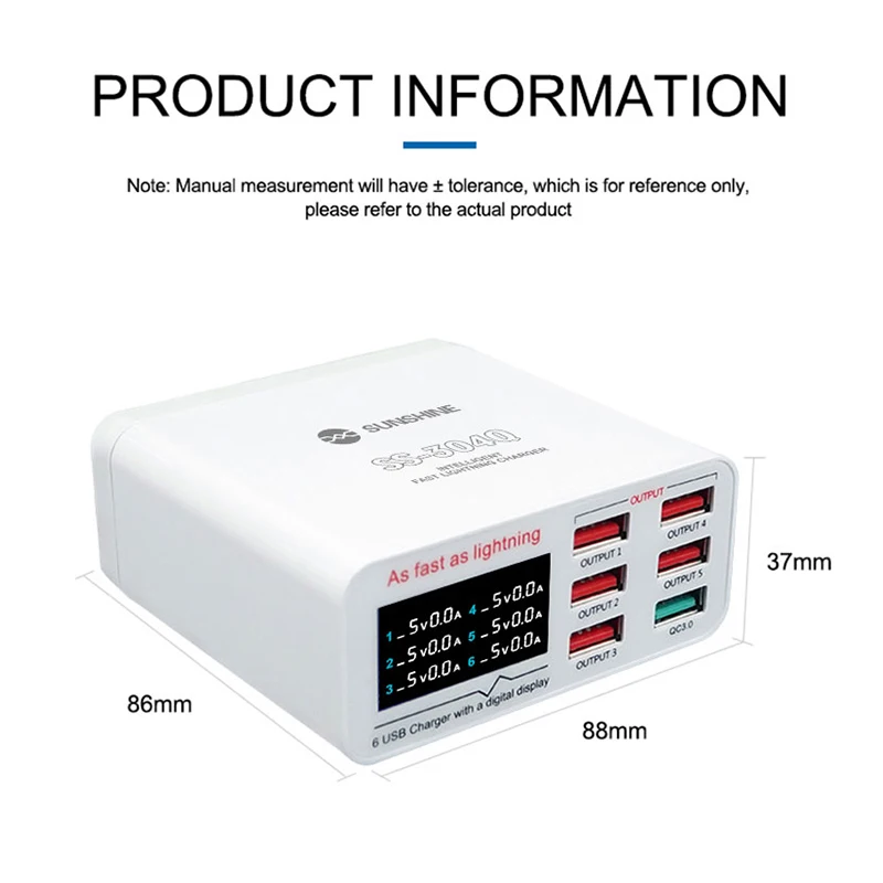Sunshine SS-304D Portable 40W 6 Port USB Smart Fast Charge With HD Digital Display Suitable For Huawei Samsung Oppo Vivo Xiaomi