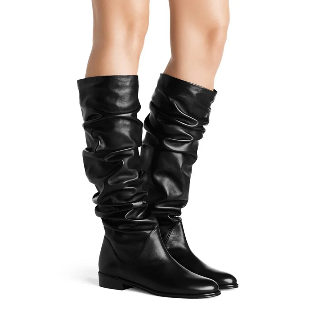 

2025 Winter New Black Pu Flat Knee-High Boots Wrinkles Round Toe Slip On Autumn Women Boots Fashion Street Style Large Size 46