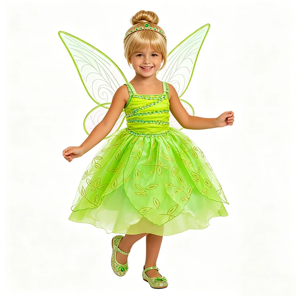 Fantasia Girls Tinker Bell Green Fairy Dress Up Halloween Kids Cosplay Birthday Party Themed Event Christmas Children's Costume