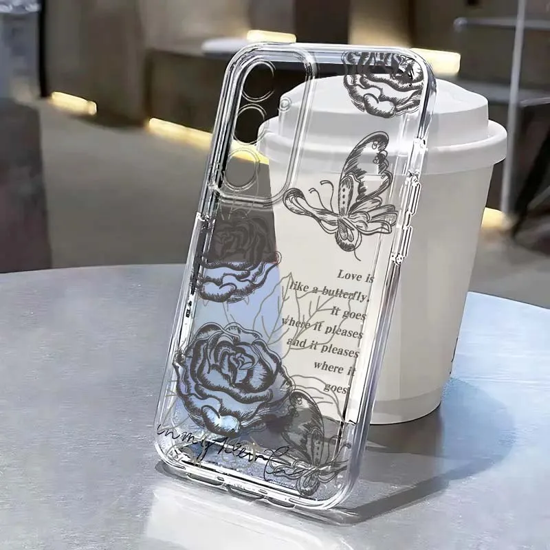 

Luxury Rose Butterfly Art Phone Case For Samsung A71 A51 A55 A52 A35 A25 A37 A17 A07 A54 A15 A14 A05 A13 A73 5G Transparent