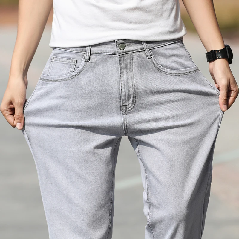 2026 Summer Brand New Men's Straight Loose Thin Jeans Simple Casual Clothing Lightweight Cotton Stretch Light Grey Jeans view 6