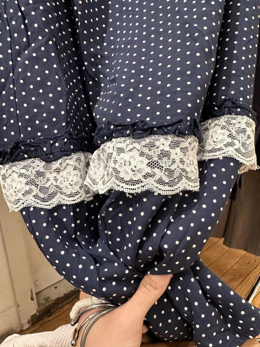 Polka Dot Navy Lace Patchwork Long Skirt Women Elastic Waist Vintage Casual A-line Faldas Summer Preppy Style Sweet Midi Skirts
