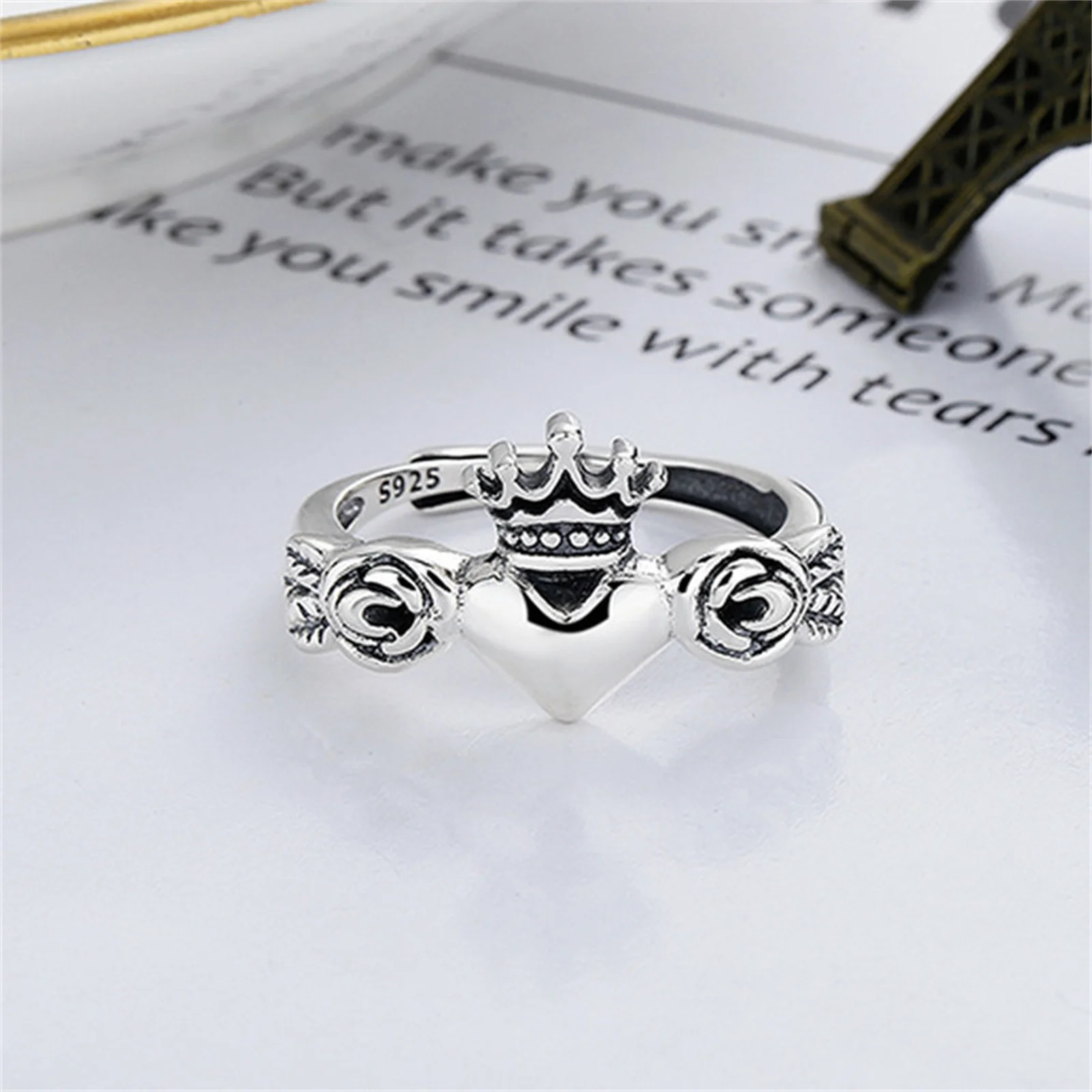 Heart and Crown Vintage Rose Sterling Silver 925 Ring Resizable for Women Girls Irish Claddagh