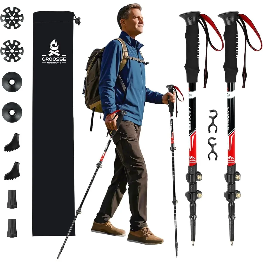 Bastones de Trekking plegables y ligeros para senderismo, paquete de 2 bastones de aluminio ajustables para caminar, para esquiar, caminar nórdico, retráctil