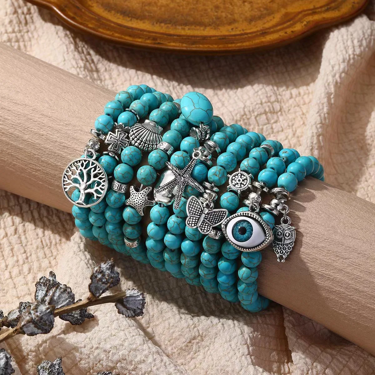 Various Shapes Blue Turquoise Bracelets Cube Cylindrical Beads Blue Natural Stone Bracelet For Men Women Elastic Cord Jewelry view 3