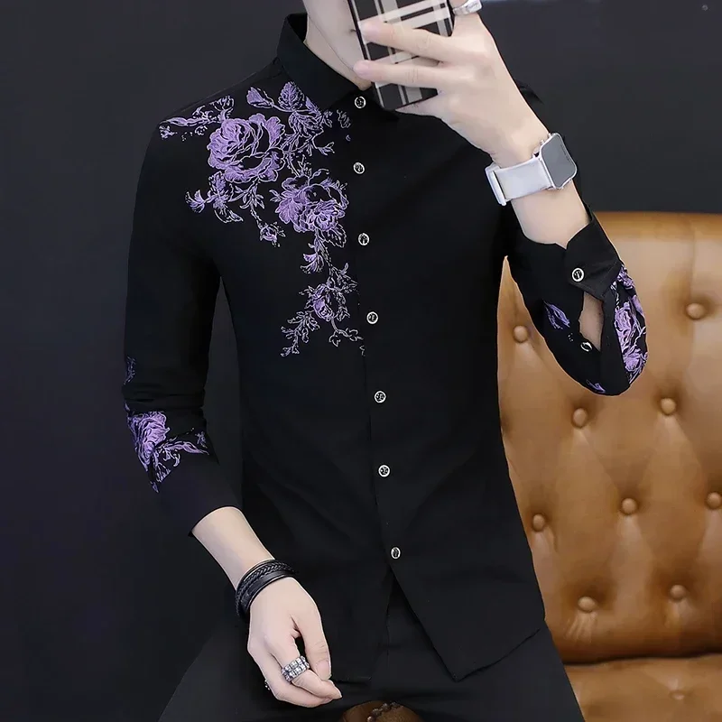 2023 Spring Autumn Men's Long Sleeve Shirt Fashion Casual Rose Pattern Print Shirt Men's Business Social Banquet Slim Shirt