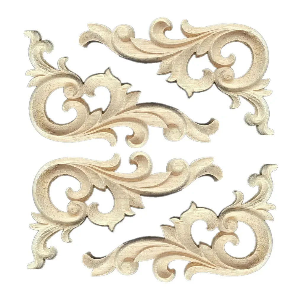 

4PCS Woodcarving Decal Corner Applique Frame Door Decor Wall Furniture Decorative Figurines Wood Miniature Flower Branch 10-20cm