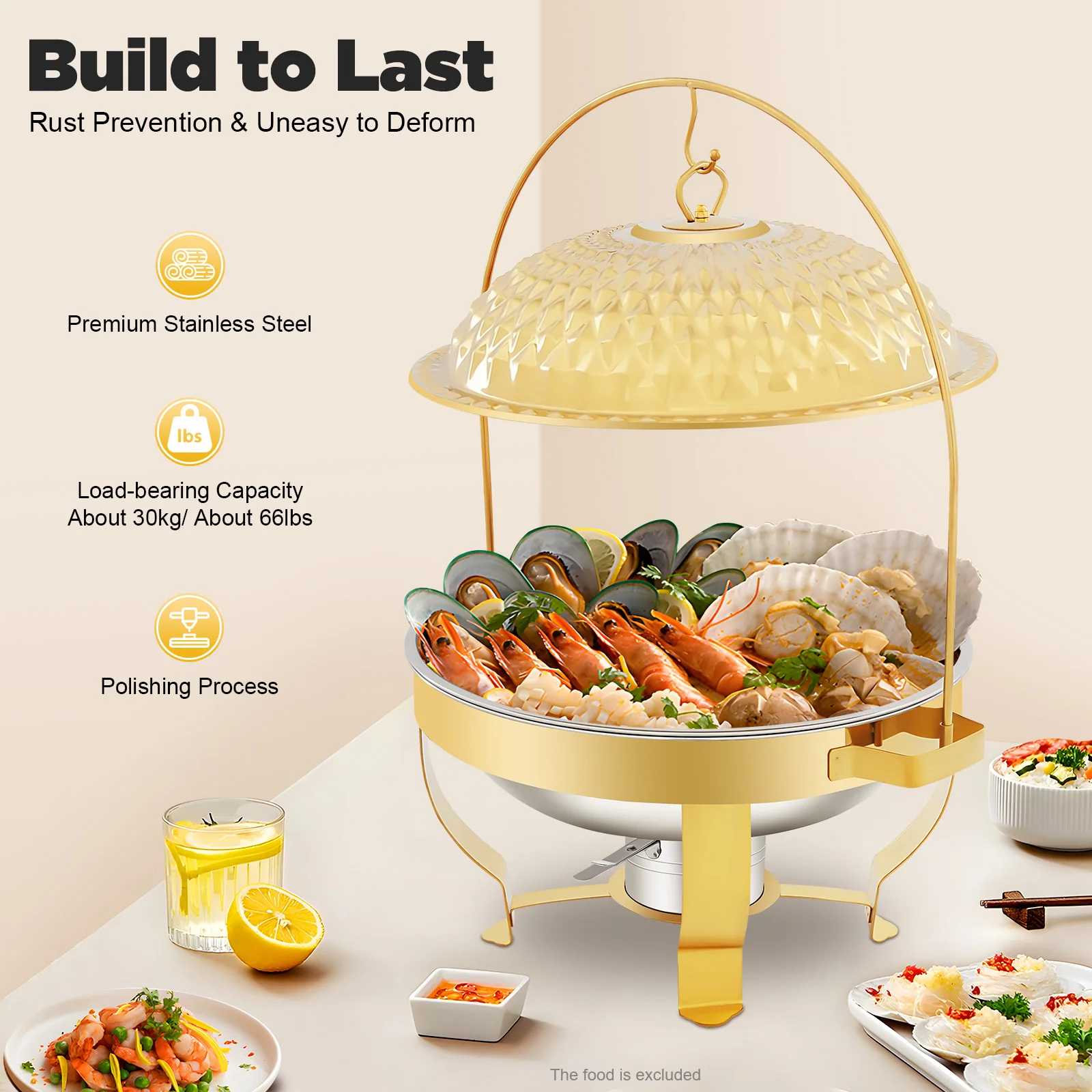 Chafing Dish Stainless Steel Gold 6L Food Warmer Buffet Server Durable Rust Resistant Handle Cover Hook Commercial Catering Equipment