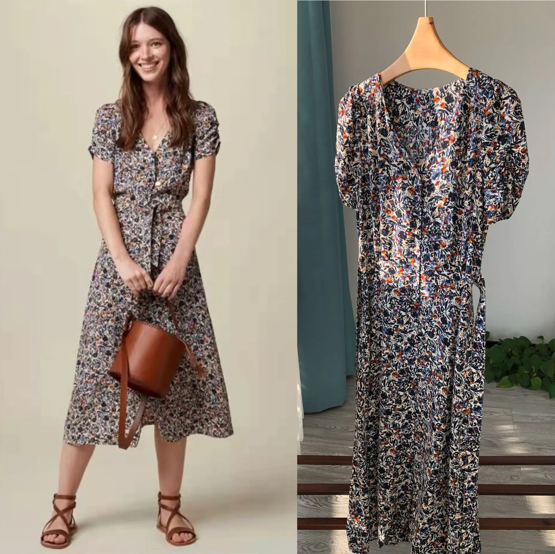 

Mid-Calf Dress for Women 2024 New Spring Summer Printed V-neck Slim Waist Vintage Short Sleeve Robes