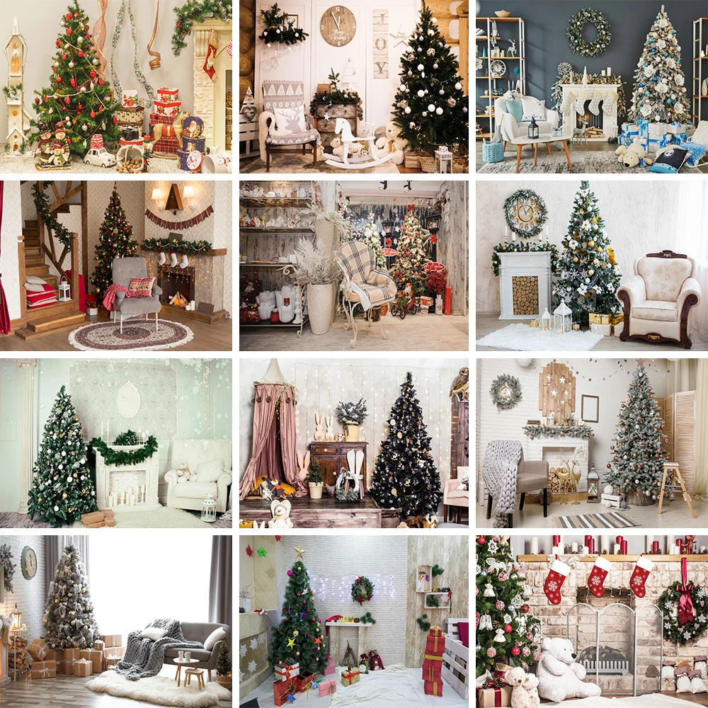 

Christmas Photozone Clock Garland Fireplace Interior Photography Backgrounds New Year Home Decor Backdrop Photocall Photo Studio