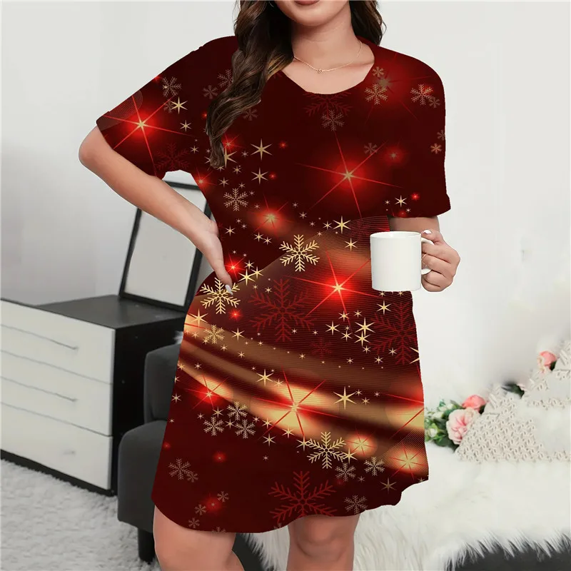 Plus Size Women Party Christmas Print Dress 2024 Fashion Christmas Style Loose A-Line Dress 9XL Casual Short Sleeve Mini Dresses