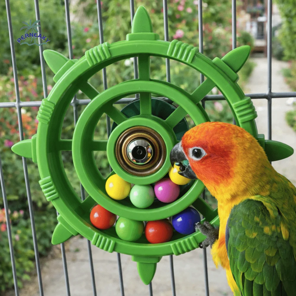 Brinquedo Giratório Interativo para Pássaros em Formato de Leme com Chocalho, Resistente à Mordida, Contas Coloridas, Roda Giratória de Plástico para Gaiola de Pássaros