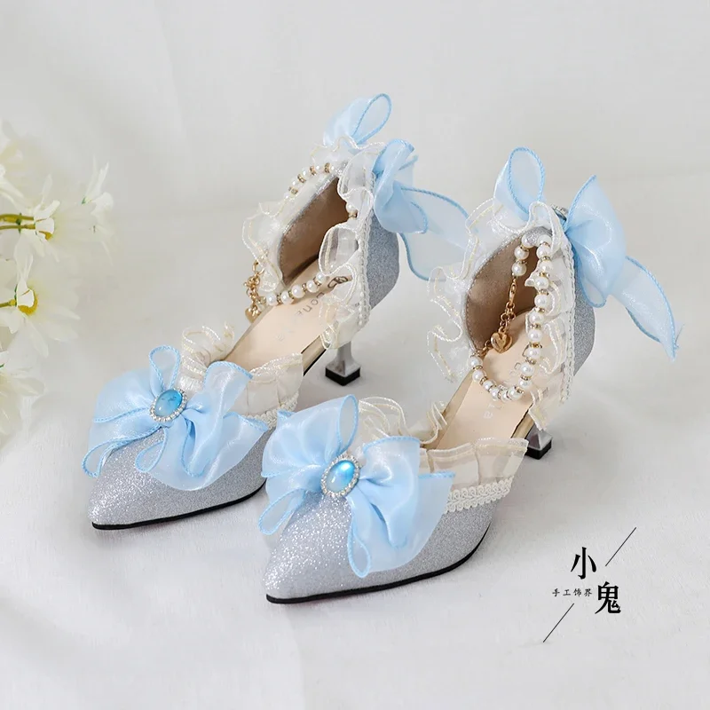 Słodkie buty ślubne w stylu Lolita dla kobiet, japońskie dziewczęce, z falbankami, kokardą, koronką, na wysokim obcasie, z perłowym łańcuszkiem, księżniczka.