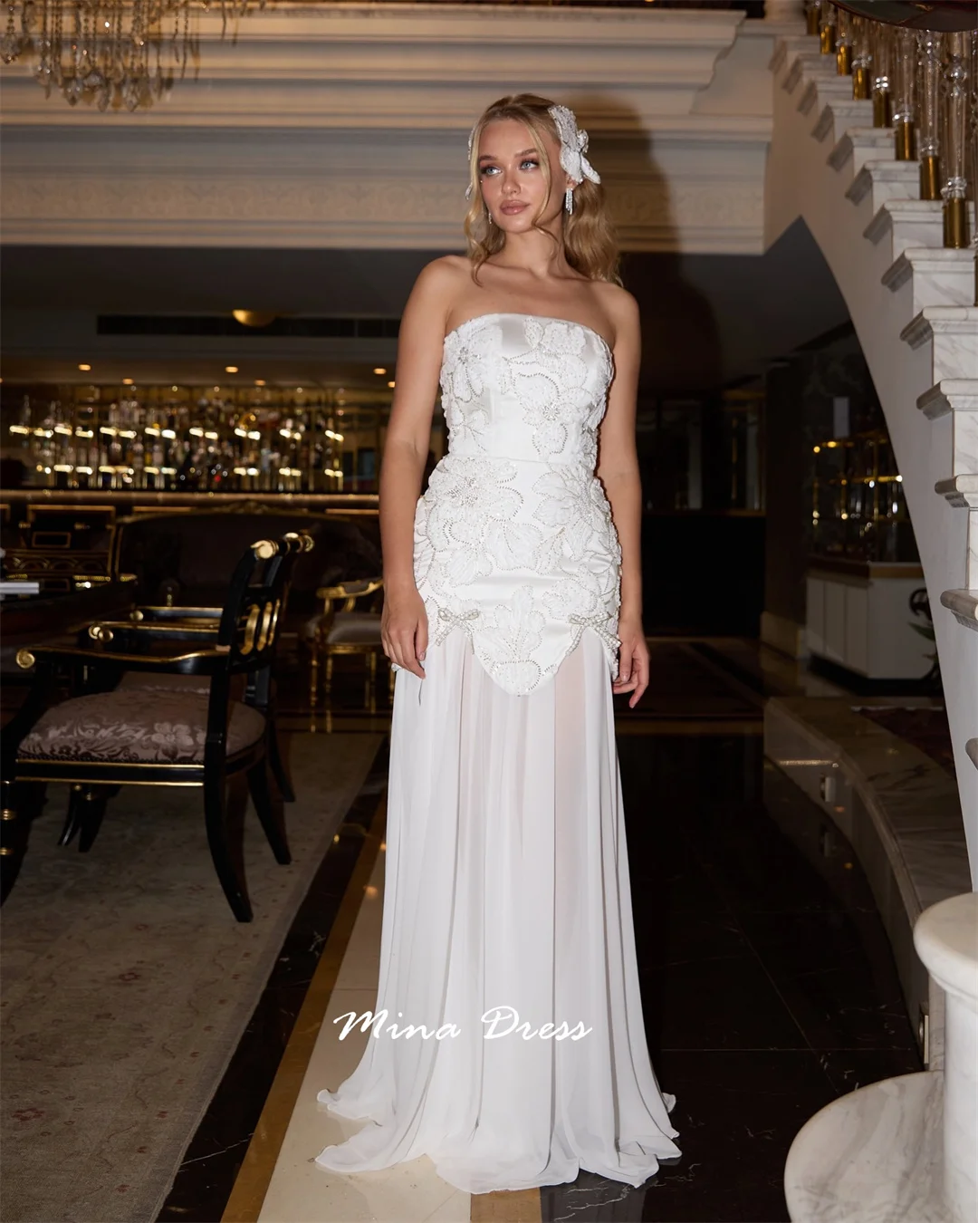 Mina Robes personnalisées en perles de fleurs 3D pour événements spéciaux, paillettes. Robe de soirée de luxe pour femmes, haut tubulaire, dos nu, robes élégantes