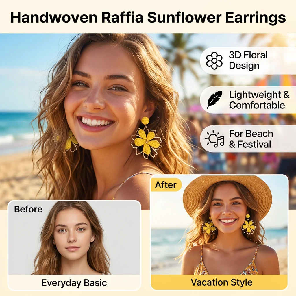 Raffia Sunflower Stud Earrings for Women 1 Pair Handwoven Bohemian Vacation Jewelry Yellow Floral Lightweight Statement Earrings