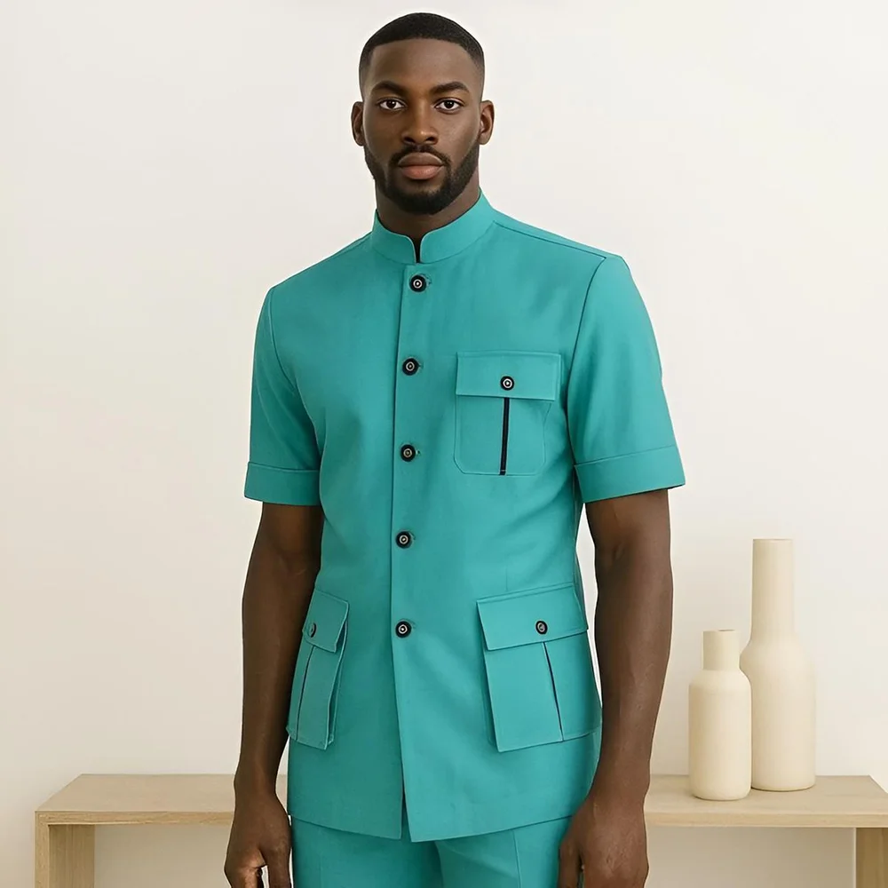 Classic Fit Mandarin Collar Men Suits 2 Piece Short Sleeve Multi Pockets Blazer Pants Formal Wedding Party African Ethnic Style