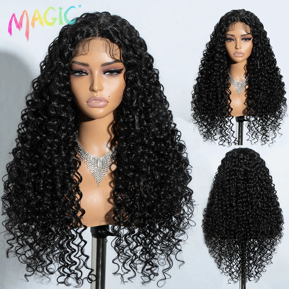 Magic-Perruque synthétique longue bouclée pour femmes noires, cheveux de bébé ombrés, perruques vidéo blondes, cosplay, devant en dentelle, 30 po