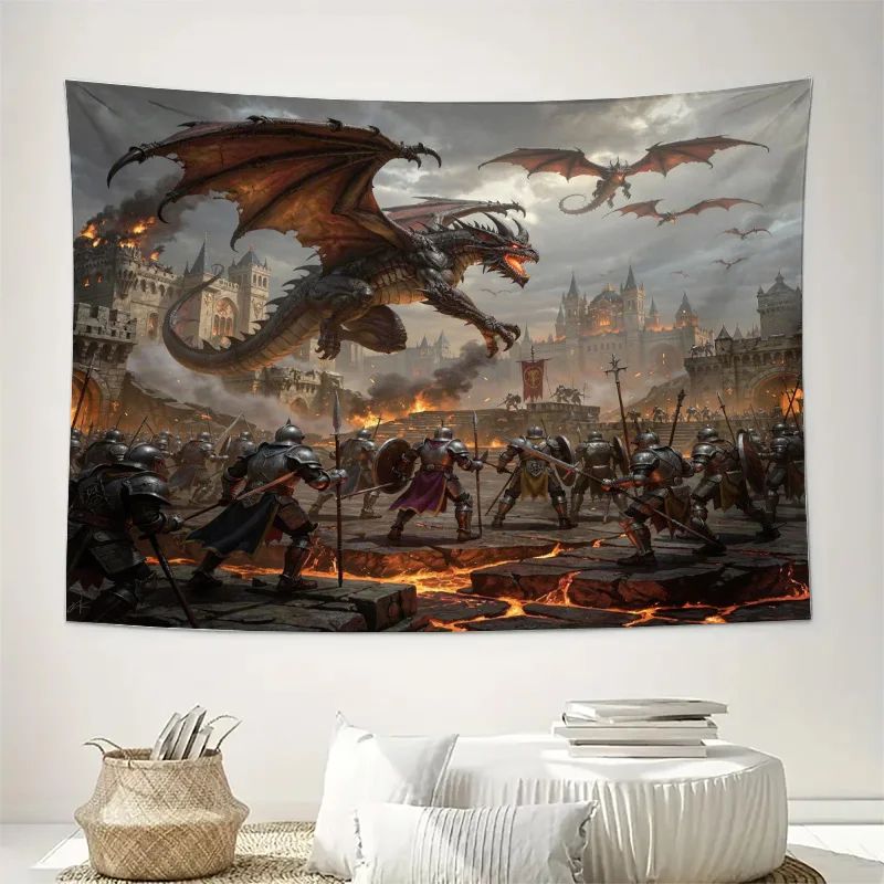 Epic Dragon Battle Fantasy Tapestry Wall Hanging Knights Medieval Mythology Decor Background Art Print Home Decoration