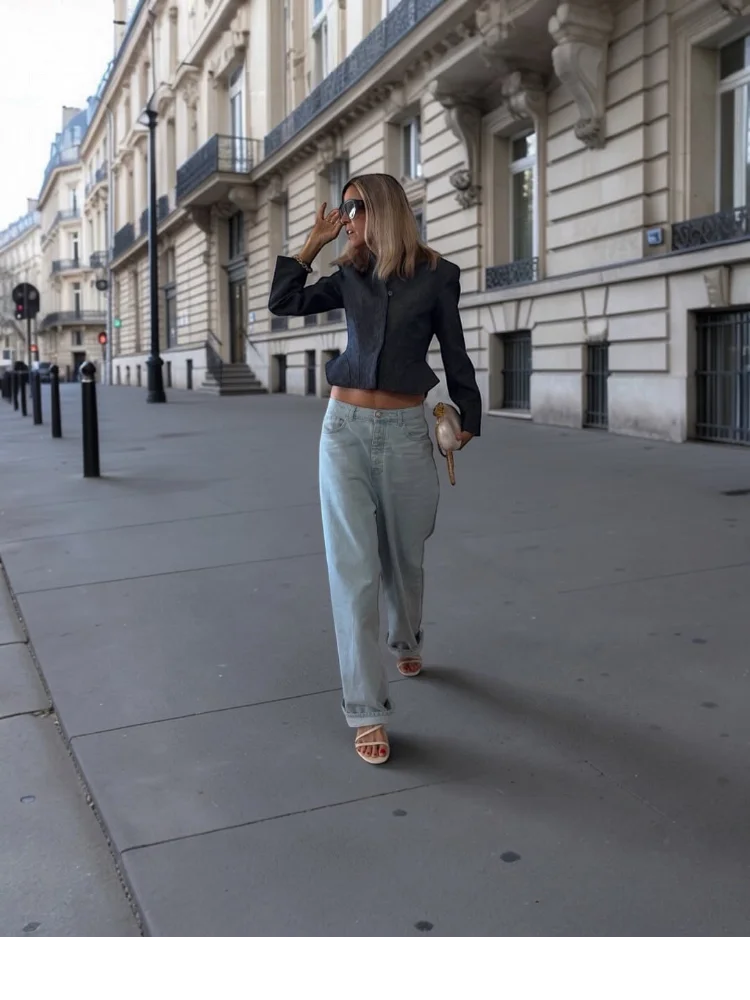 

Стильный женский укороченный блейзер с воротником-стойкой, на одной пуговице, с пеплумом, длинными рукавами, весенняя куртка, модная женская верхняя одежда в уличном стиле 2026