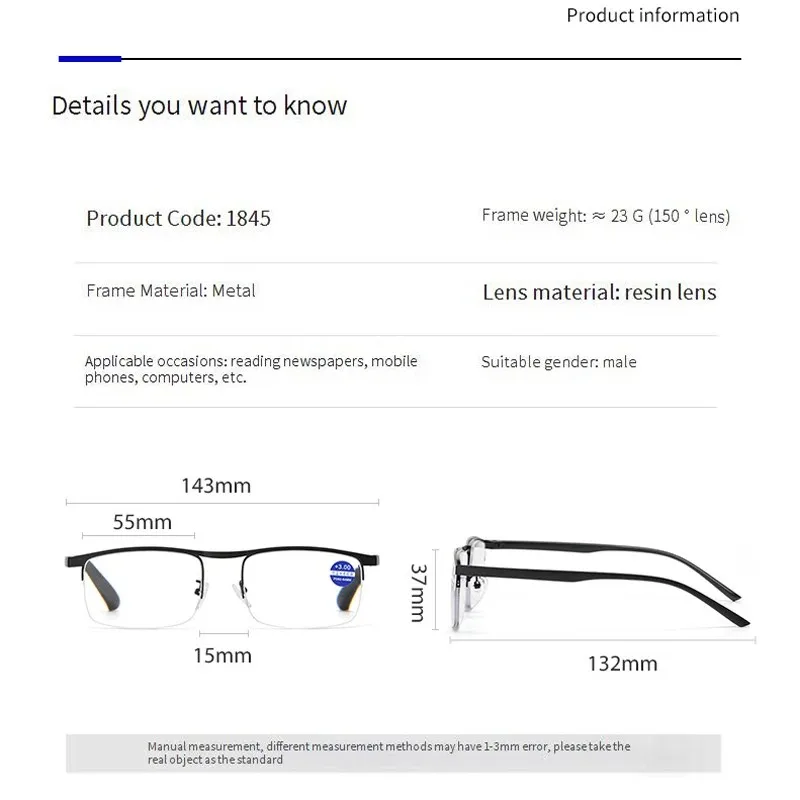 Progressive Multifocal Reading Glasses Men TR90 Metal Half Eyeglasses Anti Blue Light Near Far Dual Purpose Presbyopic Glasses image 6