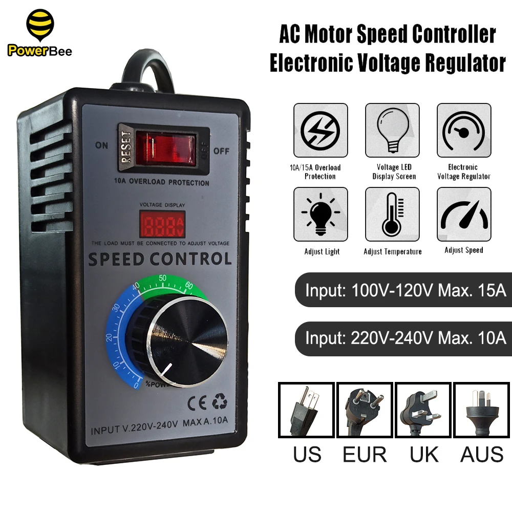 Electronic Voltage Regulator 110V or 220V AC Motor Speed Controller LED Temperature and Light Regulation US EUR UK AUS Plug