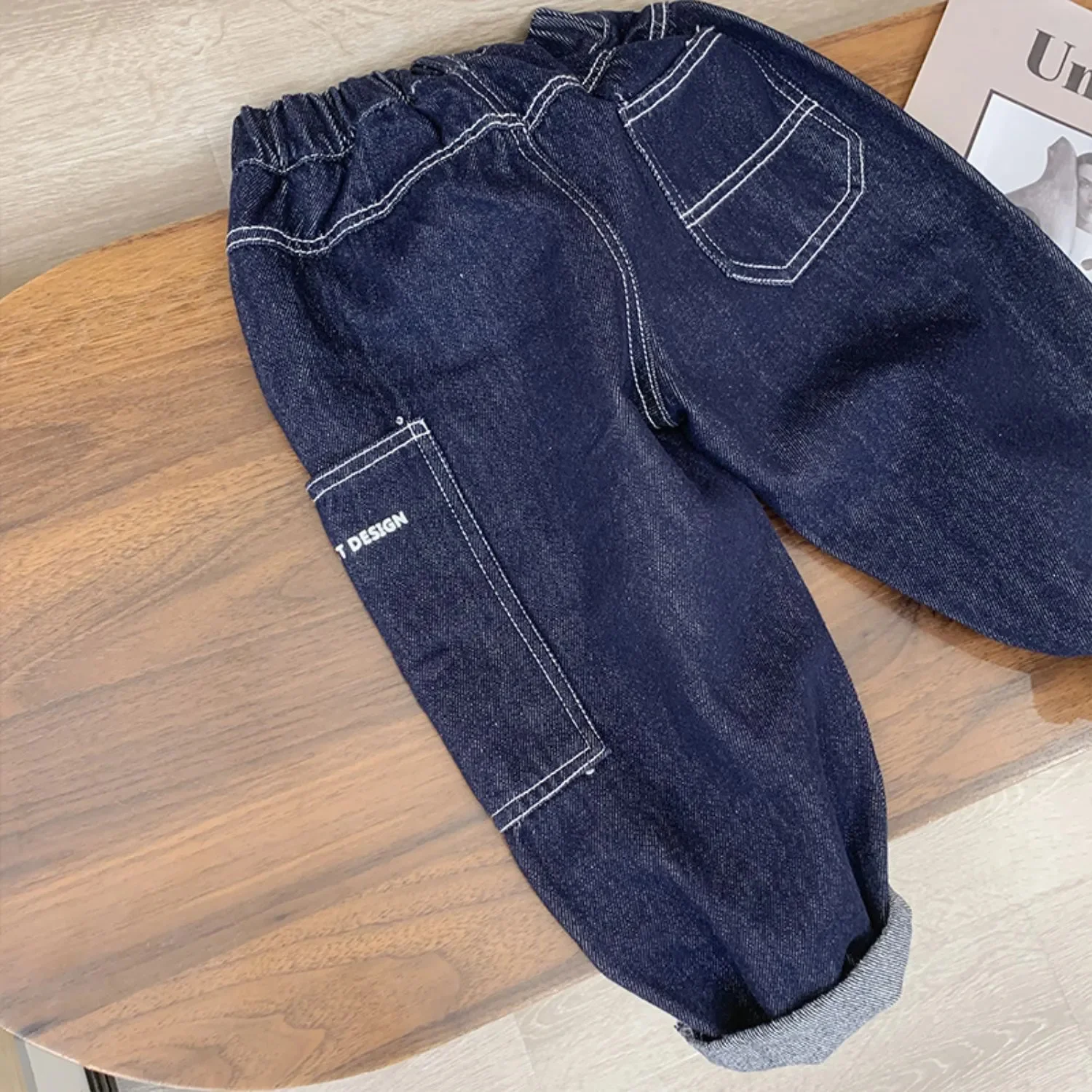 2024 New Kids' Jeans Elastic Waist Boys' Solid Loose Jogging Casual Pants Spring Autumn High Quality Clothing 2-14 Years Old