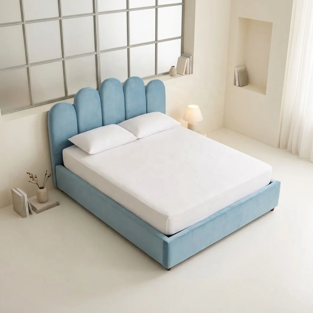 ^Bedroom Furniture Modern Children Girls' Birch Wood Frame Strip Headboard Design Velvet Upholstered Soft Bed Storage Bed Drawer