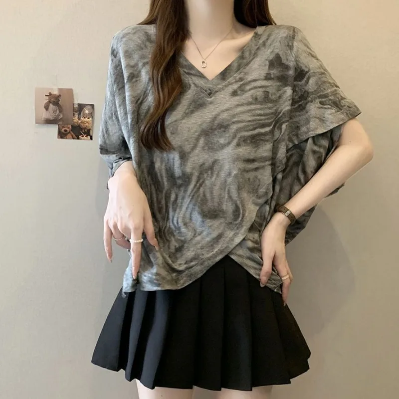 Womens V Neck Batwing Sleeve Tie Dye Print  Hem Loose Casual T Shirt