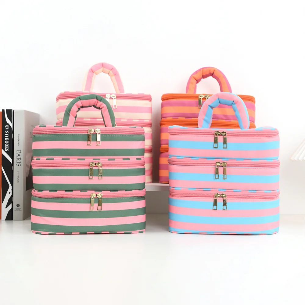 3-Layer Striped Makeup Bag Portable Travel Organizer  Waterproof Independent Compartments Large Capacity Toiletry Storage Case