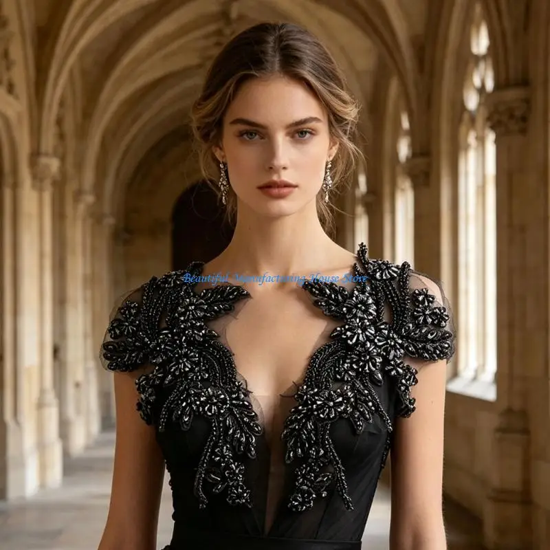E56A Beaded Lace Floral Patch For Dress Upgrading And DIY Projects