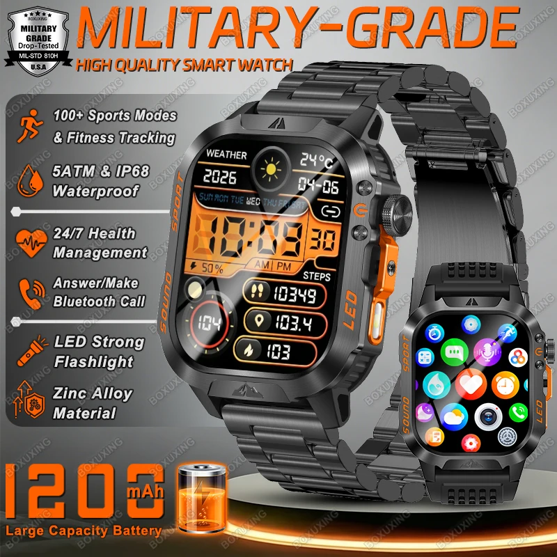 

New 1200 mAh Battery Military Smart Watch Men 5ATM Waterproof Sports Tracker Health Heart Rate Call Smartwatches For iOS Android