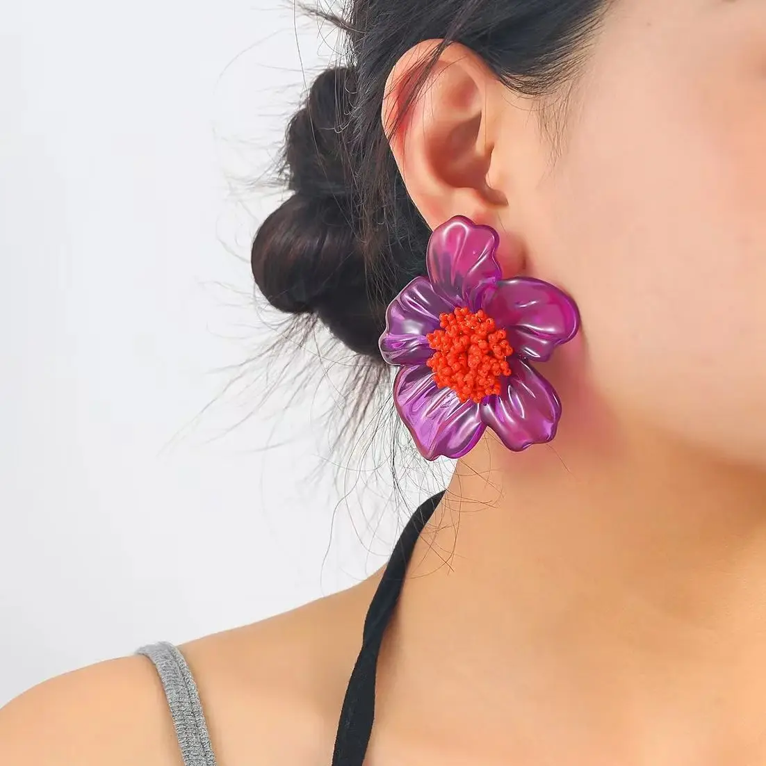 Exaggerated Handmade Bead Purple Resin Acrylic Large Flower Earrings